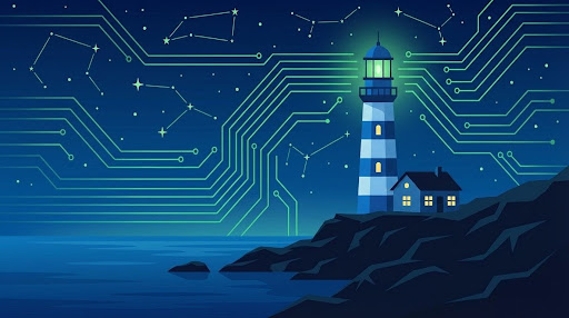 Northshore Technology Group - Lighthouse with circuit board patterns representing technology guidance